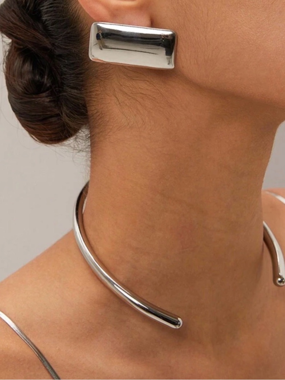 Modern Sculptural Silver Choker Necklace & Earrings Set